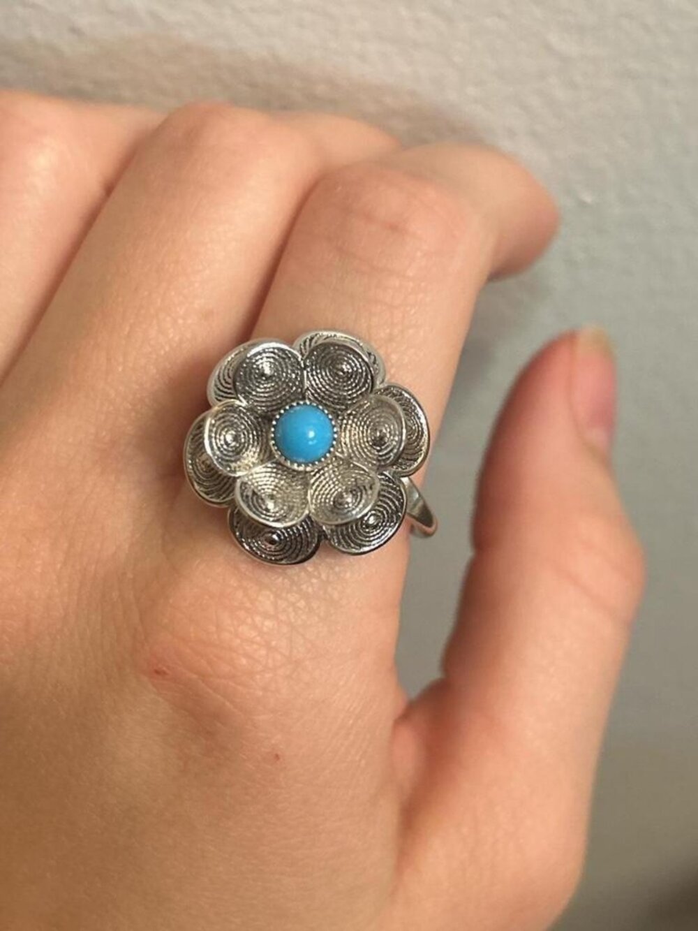 Silver and turquoise flower ring